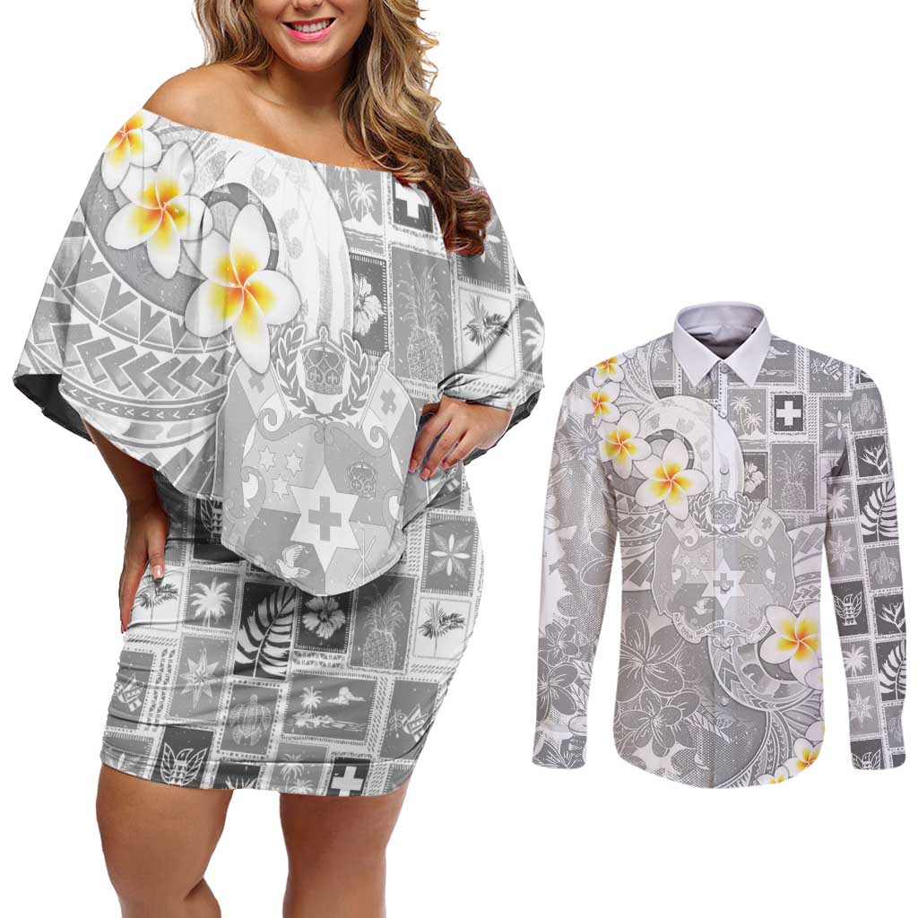 Tonga Christmas Couples Matching Off Shoulder Short Dress and Long Sleeve Button Shirt Kilisimasi Fiefia Retro Style White LT05 White - Polynesian Pride