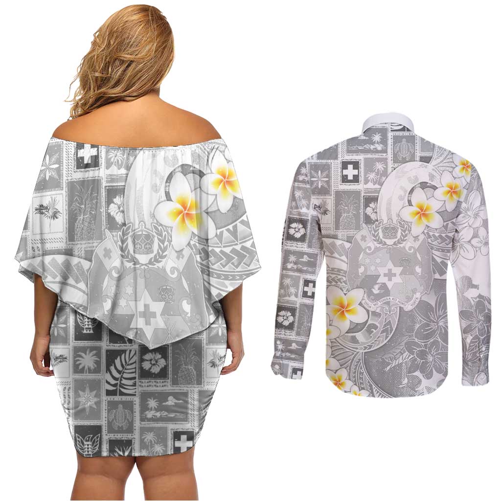 Tonga Christmas Couples Matching Off Shoulder Short Dress and Long Sleeve Button Shirt Kilisimasi Fiefia Retro Style White LT05 - Polynesian Pride