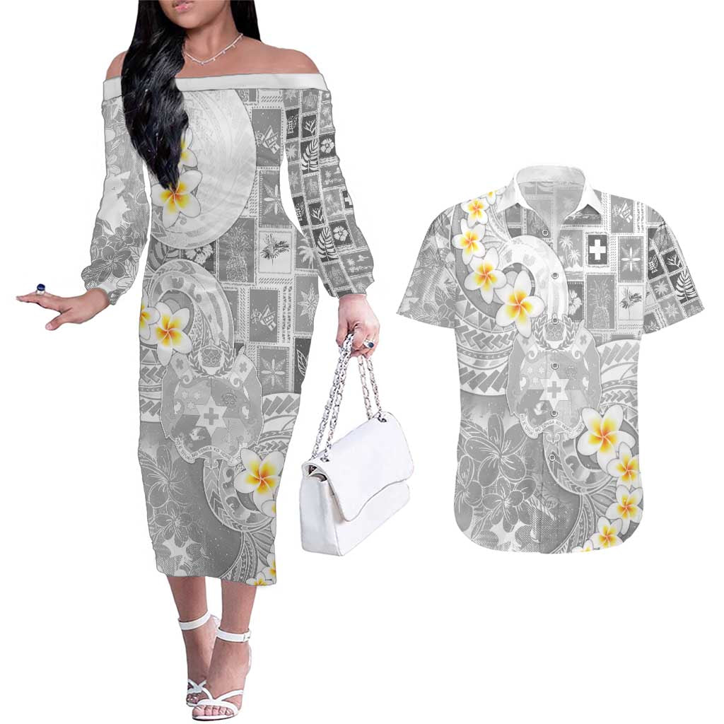 Tonga Christmas Couples Matching Off The Shoulder Long Sleeve Dress and Hawaiian Shirt Kilisimasi Fiefia Retro Style White LT05 White - Polynesian Pride