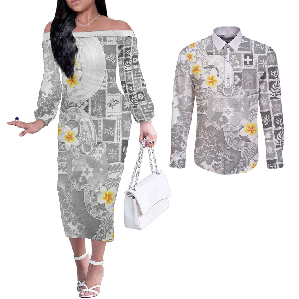 Tonga Christmas Couples Matching Off The Shoulder Long Sleeve Dress and Long Sleeve Button Shirt Kilisimasi Fiefia Retro Style White LT05 White - Polynesian Pride