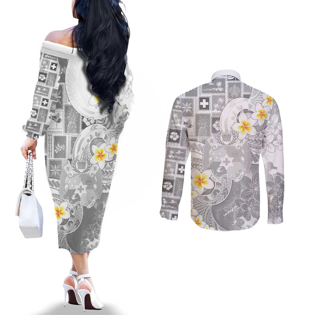 Tonga Christmas Couples Matching Off The Shoulder Long Sleeve Dress and Long Sleeve Button Shirt Kilisimasi Fiefia Retro Style White LT05 - Polynesian Pride