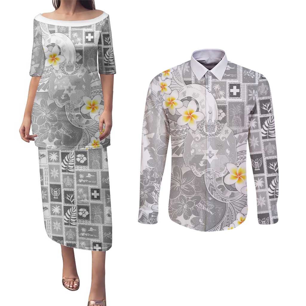 Tonga Christmas Couples Matching Puletasi and Long Sleeve Button Shirt Kilisimasi Fiefia Retro Style White LT05 White - Polynesian Pride