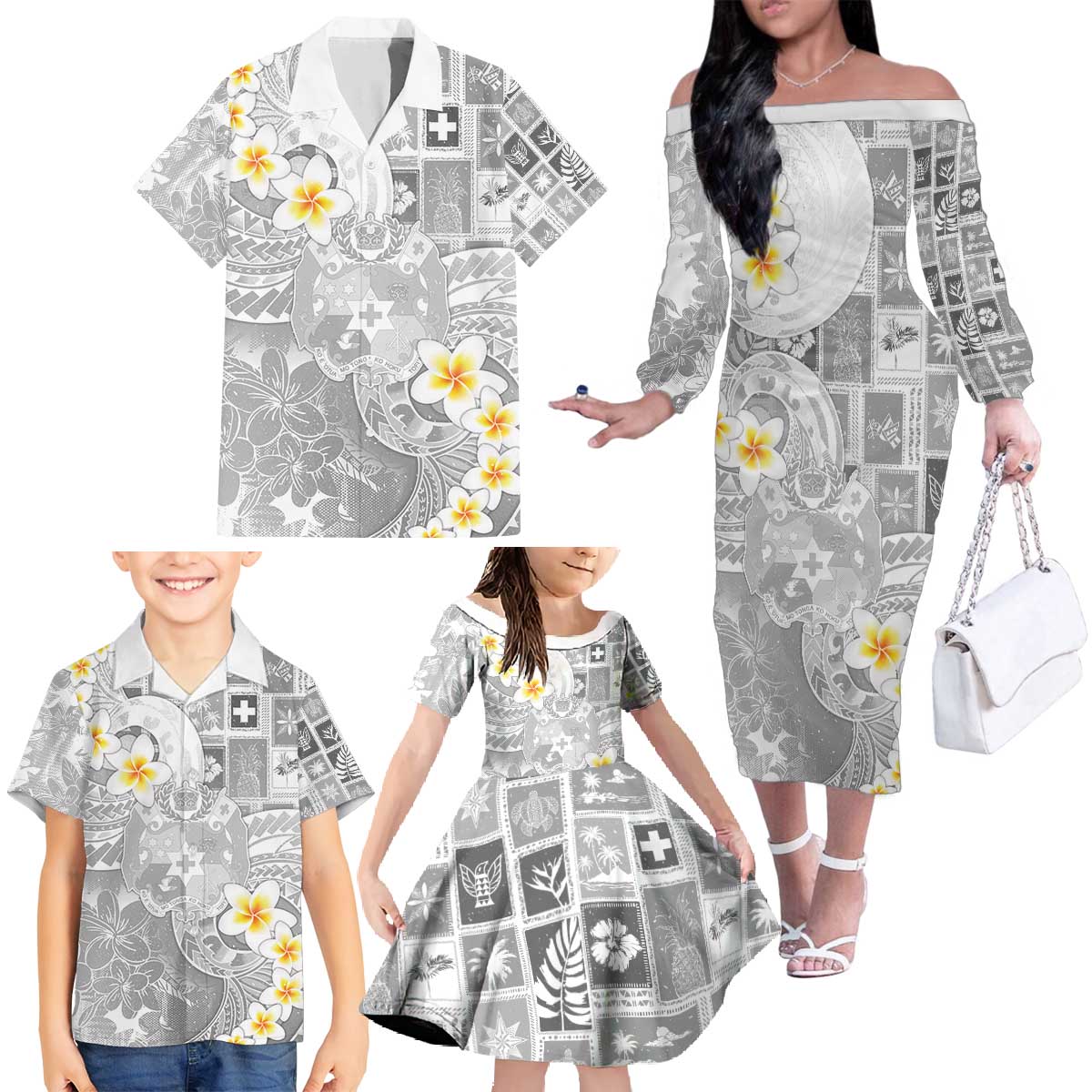 Tonga Christmas Family Matching Off The Shoulder Long Sleeve Dress and Hawaiian Shirt Kilisimasi Fiefia Retro Style White LT05 - Polynesian Pride