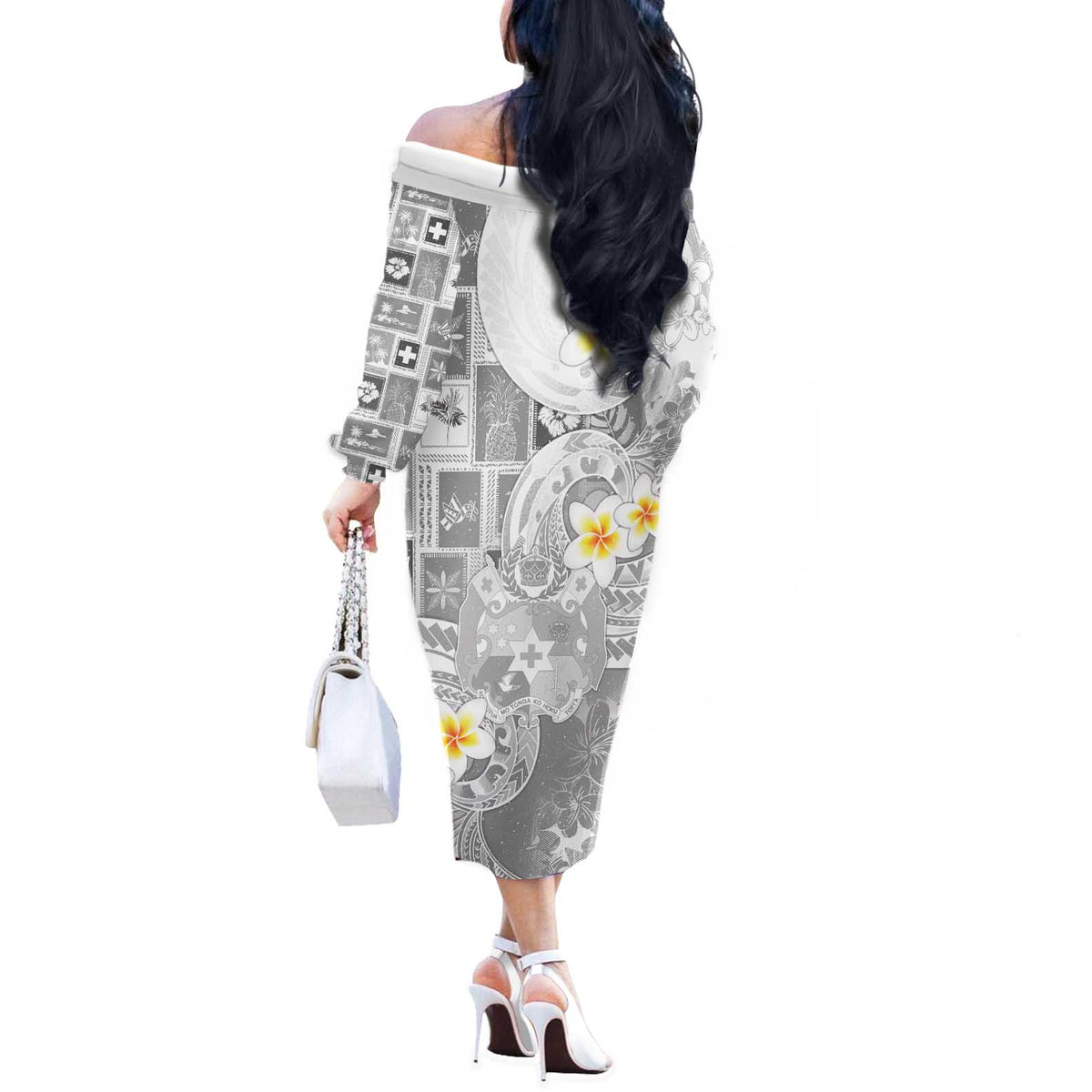 Tonga Christmas Off The Shoulder Long Sleeve Dress Kilisimasi Fiefia Retro Style White LT05 - Polynesian Pride