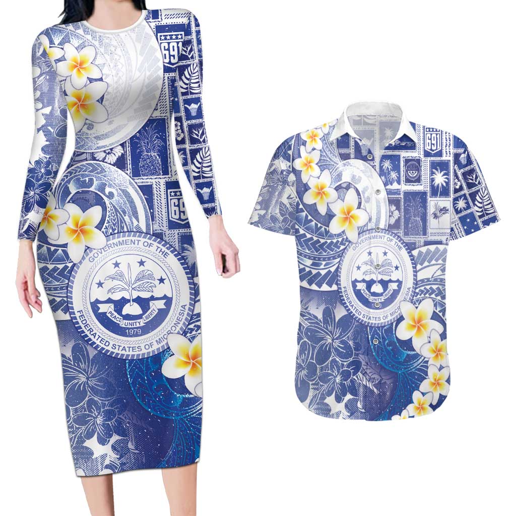 Federated States Of Micronesia Christmas Couples Matching Long Sleeve Bodycon Dress and Hawaiian Shirt Retro Style Bright Version LT05 Blue - Polynesian Pride