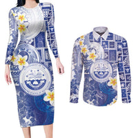 Federated States Of Micronesia Christmas Couples Matching Long Sleeve Bodycon Dress and Long Sleeve Button Shirt Retro Style Bright Version LT05 Blue - Polynesian Pride