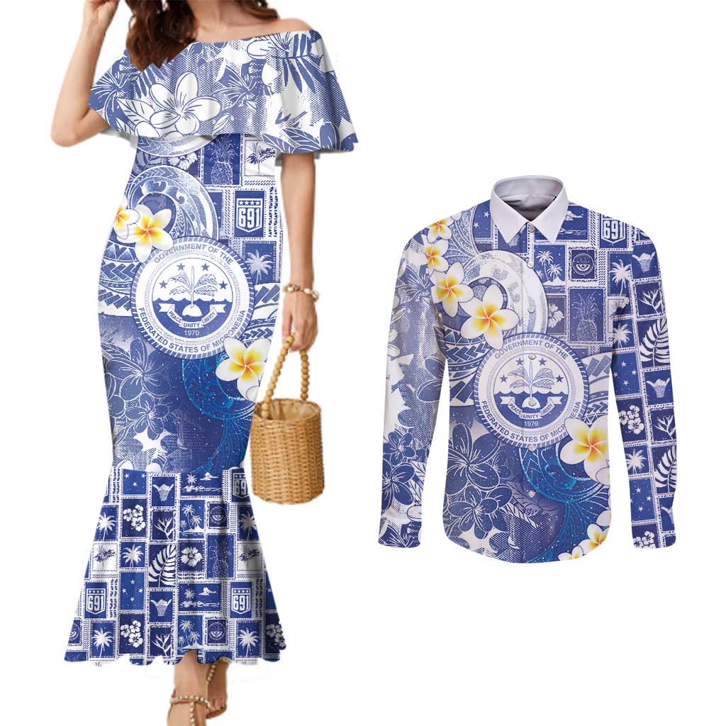 Federated States Of Micronesia Christmas Couples Matching Mermaid Dress and Long Sleeve Button Shirt Retro Style Bright Version LT05 Blue - Polynesian Pride