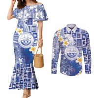 Federated States Of Micronesia Christmas Couples Matching Mermaid Dress and Long Sleeve Button Shirt Retro Style Bright Version LT05 Blue - Polynesian Pride