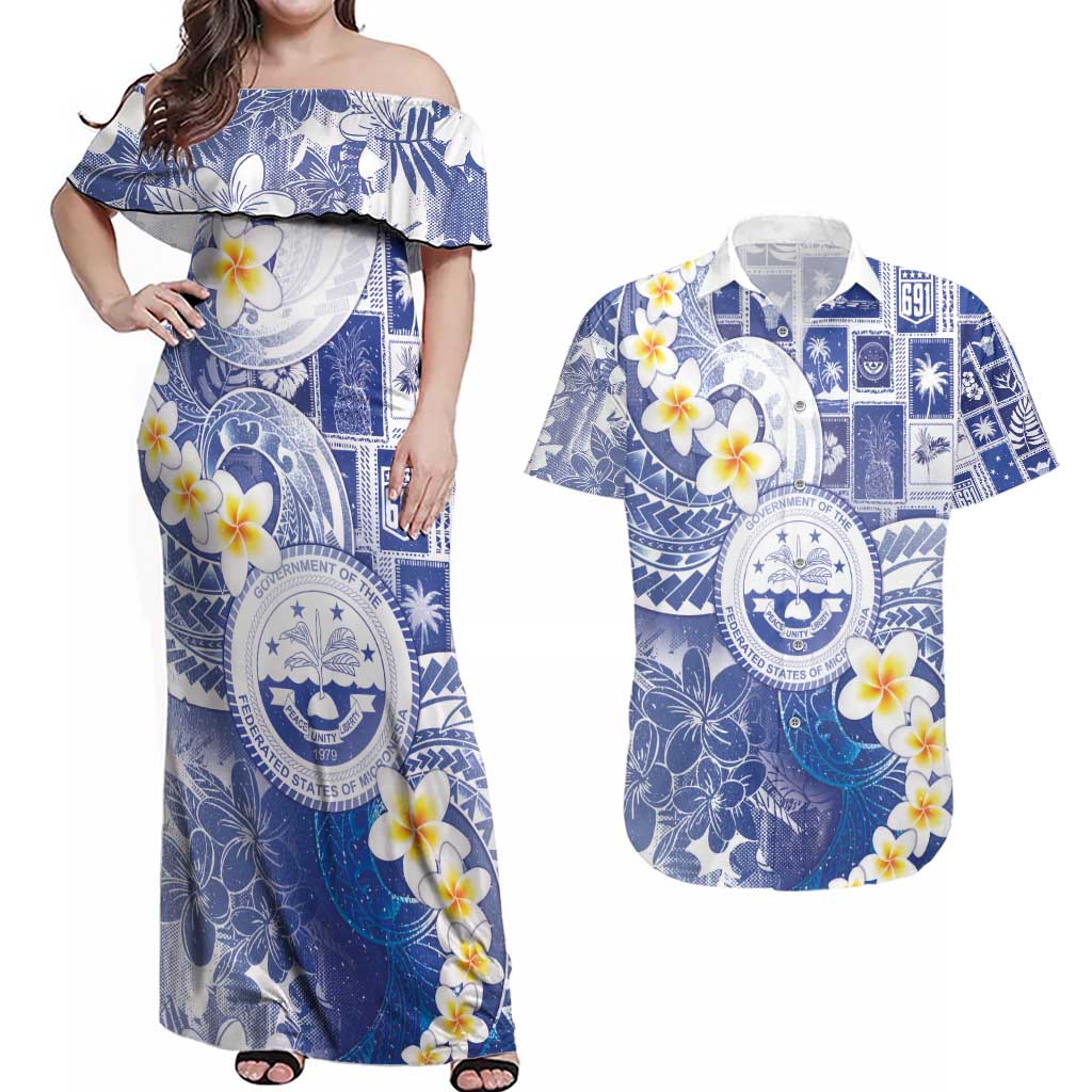 Federated States Of Micronesia Christmas Couples Matching Off Shoulder Maxi Dress and Hawaiian Shirt Retro Style Bright Version LT05 Blue - Polynesian Pride