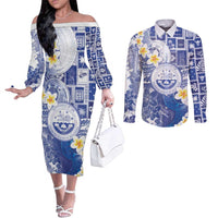 Federated States Of Micronesia Christmas Couples Matching Off The Shoulder Long Sleeve Dress and Long Sleeve Button Shirt Retro Style Bright Version LT05 Blue - Polynesian Pride