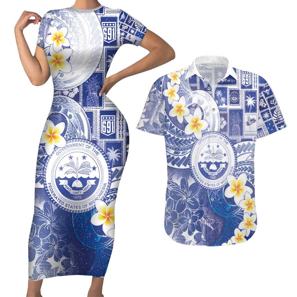 Federated States Of Micronesia Christmas Couples Matching Short Sleeve Bodycon Dress and Hawaiian Shirt Retro Style Bright Version LT05 Blue - Polynesian Pride