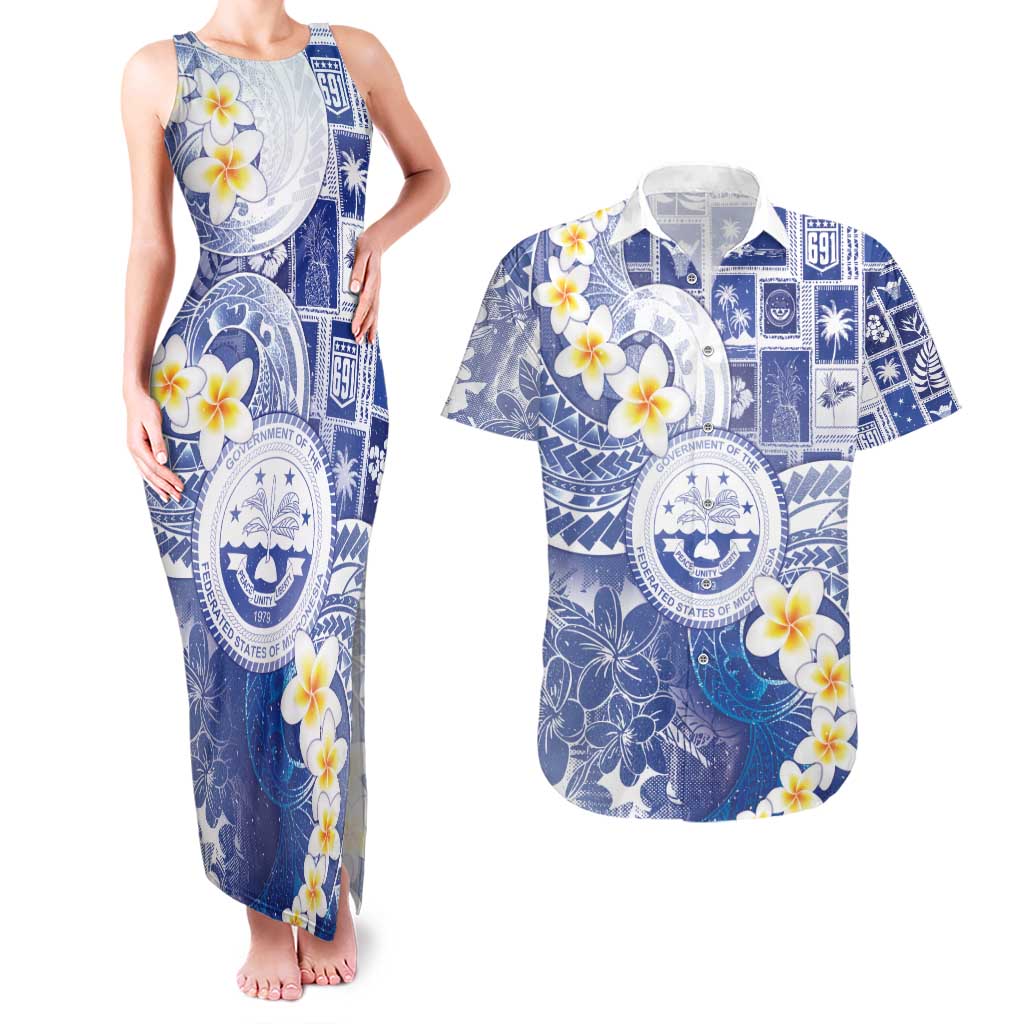 Federated States Of Micronesia Christmas Couples Matching Tank Maxi Dress and Hawaiian Shirt Retro Style Bright Version LT05 Blue - Polynesian Pride