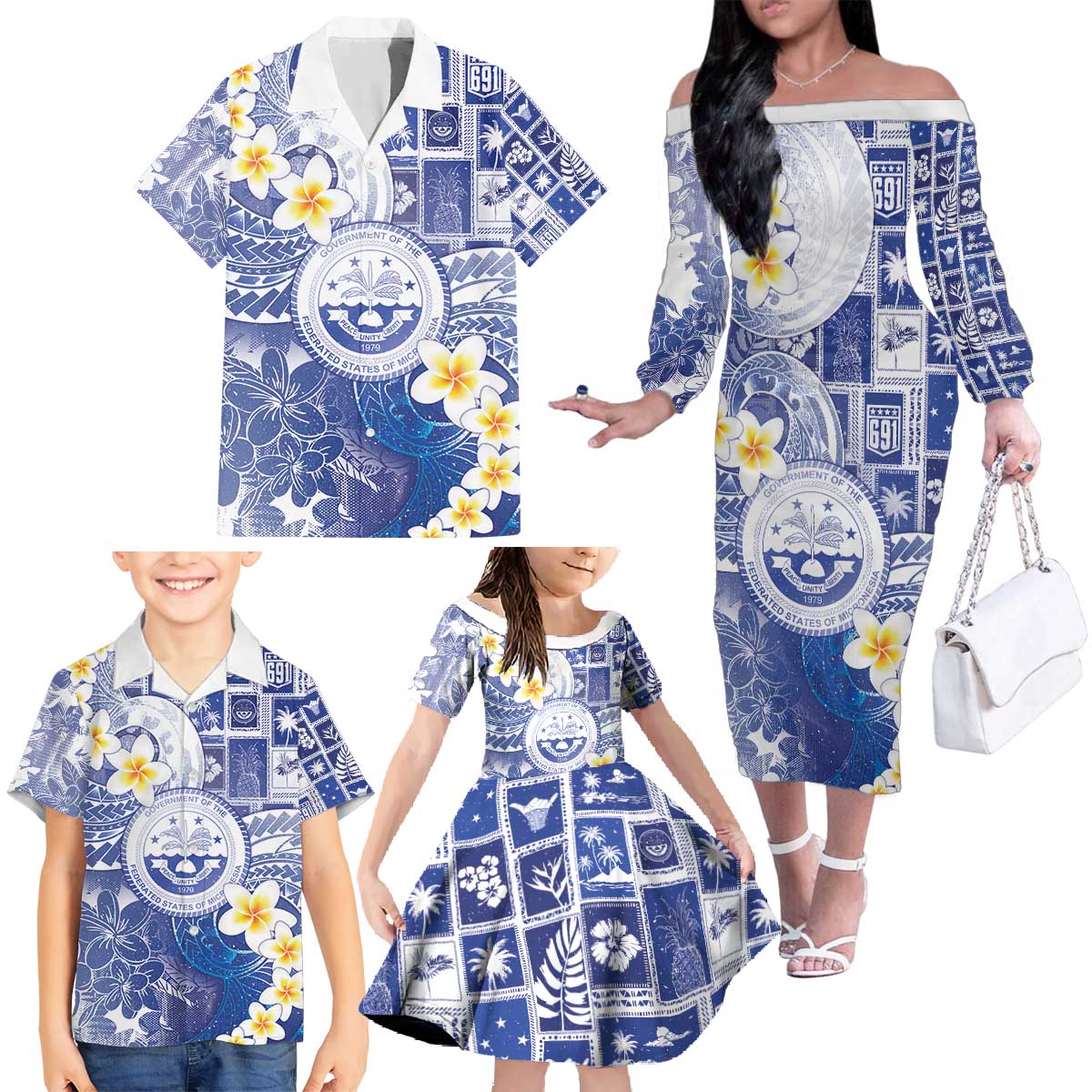Federated States Of Micronesia Christmas Family Matching Off The Shoulder Long Sleeve Dress and Hawaiian Shirt Retro Style Bright Version LT05 - Polynesian Pride