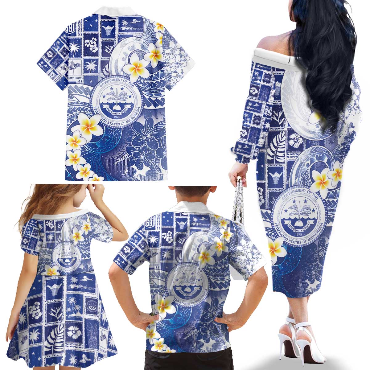 Federated States Of Micronesia Christmas Family Matching Off The Shoulder Long Sleeve Dress and Hawaiian Shirt Retro Style Bright Version LT05 - Polynesian Pride