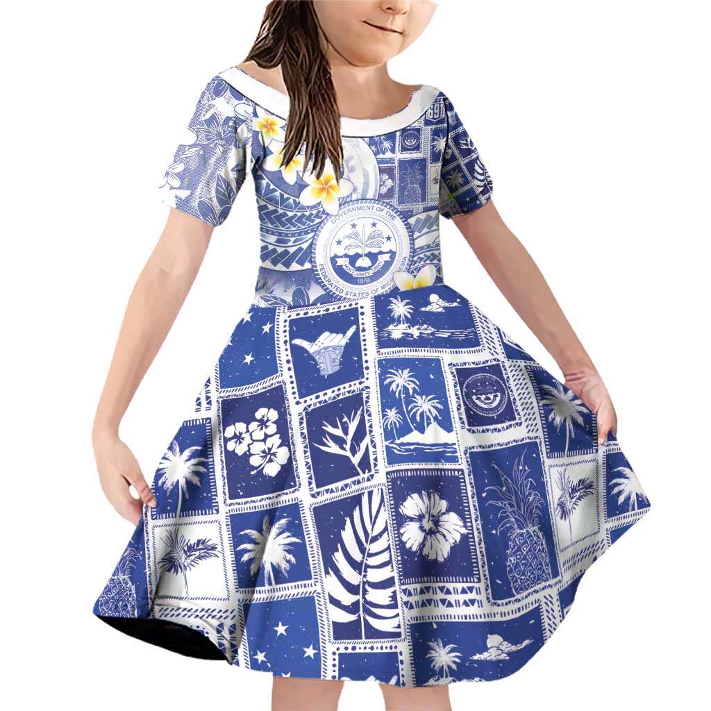 Federated States Of Micronesia Christmas Family Matching Off Shoulder Short Dress and Hawaiian Shirt Retro Style Bright Version LT05 Daughter's Dress Blue - Polynesian Pride
