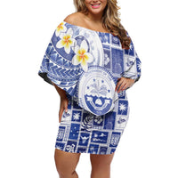 Federated States Of Micronesia Christmas Family Matching Off Shoulder Short Dress and Hawaiian Shirt Retro Style Bright Version LT05 Mom's Dress Blue - Polynesian Pride
