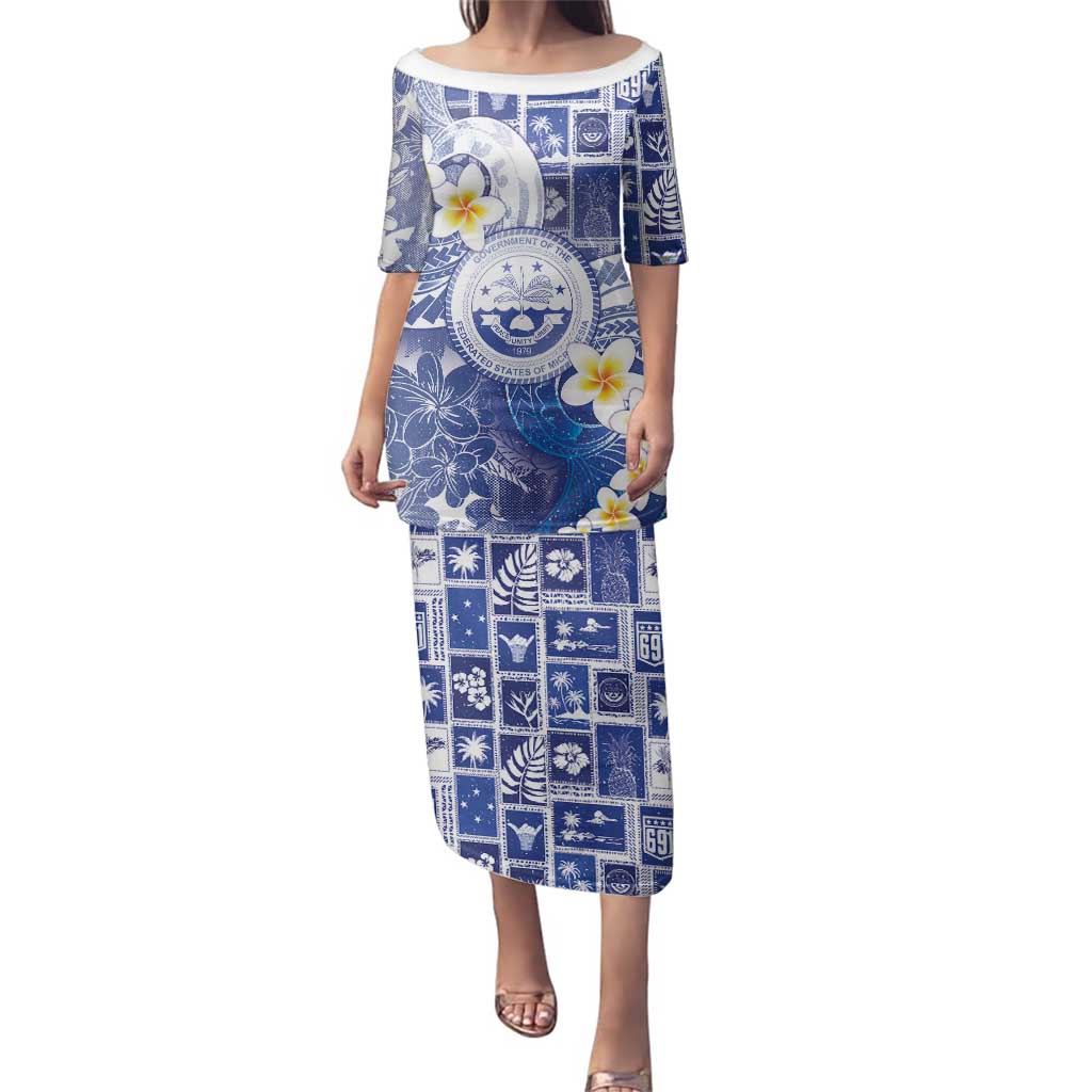 Federated States Of Micronesia Christmas Family Matching Puletasi and Hawaiian Shirt Retro Style Bright Version LT05 Mom's Dress Blue - Polynesian Pride