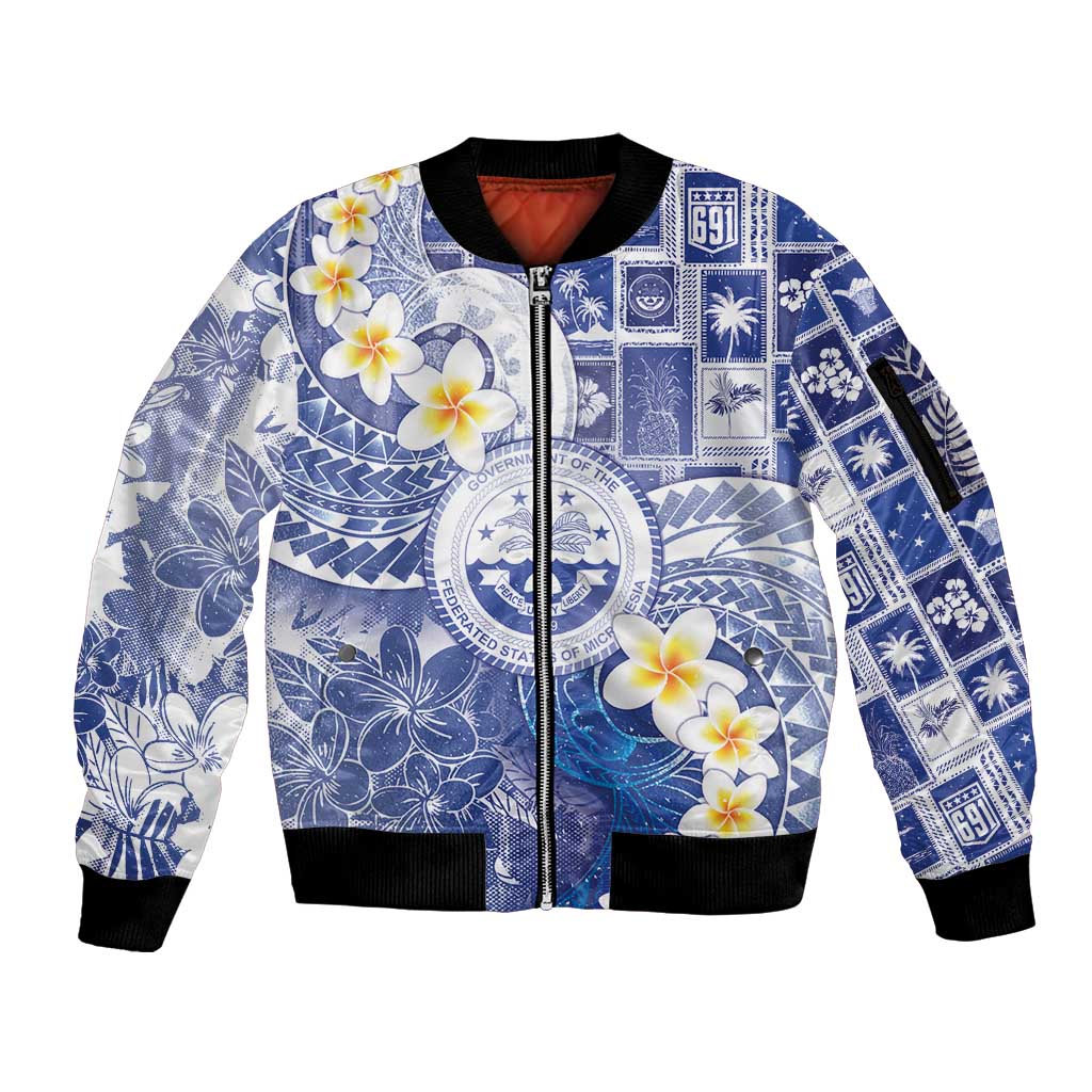 Federated States Of Micronesia Christmas Sleeve Zip Bomber Jacket Retro Style Bright Version LT05 Unisex Blue - Polynesian Pride