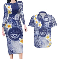 Federated States Of Micronesia Christmas Couples Matching Long Sleeve Bodycon Dress and Hawaiian Shirt Retro Style Dark Version LT05 Navy - Polynesian Pride