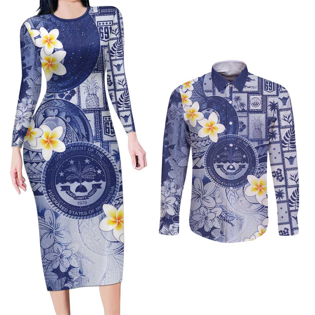 Federated States Of Micronesia Christmas Couples Matching Long Sleeve Bodycon Dress and Long Sleeve Button Shirt Retro Style Dark Version LT05 Navy - Polynesian Pride