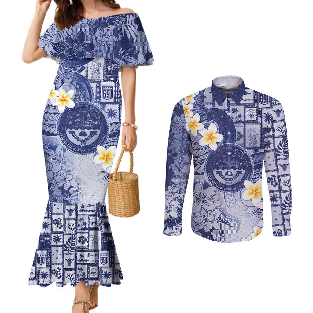 Federated States Of Micronesia Christmas Couples Matching Mermaid Dress and Long Sleeve Button Shirt Retro Style Dark Version LT05 Navy - Polynesian Pride