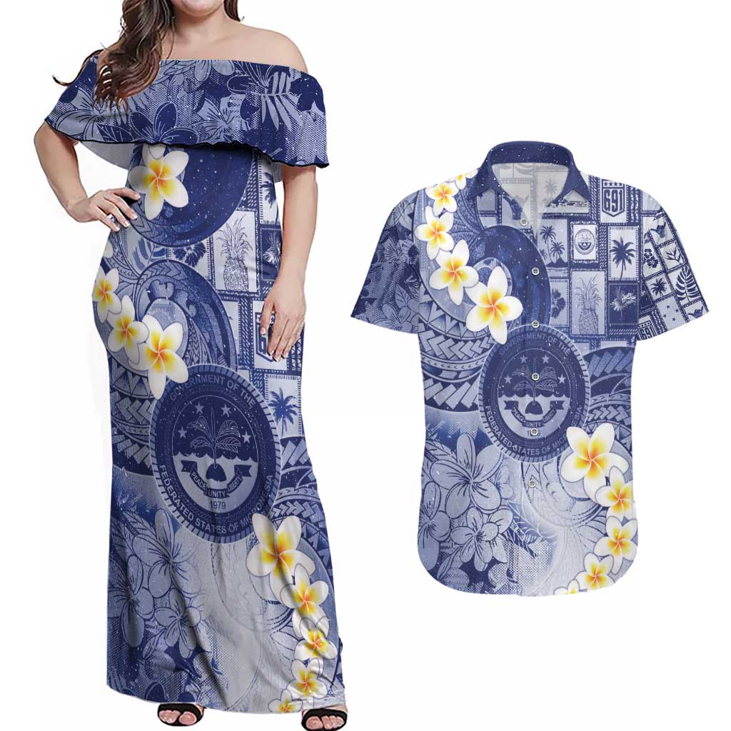Federated States Of Micronesia Christmas Couples Matching Off Shoulder Maxi Dress and Hawaiian Shirt Retro Style Dark Version LT05 Navy - Polynesian Pride