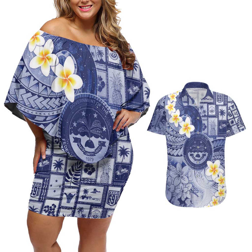 Federated States Of Micronesia Christmas Couples Matching Off Shoulder Short Dress and Hawaiian Shirt Retro Style Dark Version LT05 Navy - Polynesian Pride