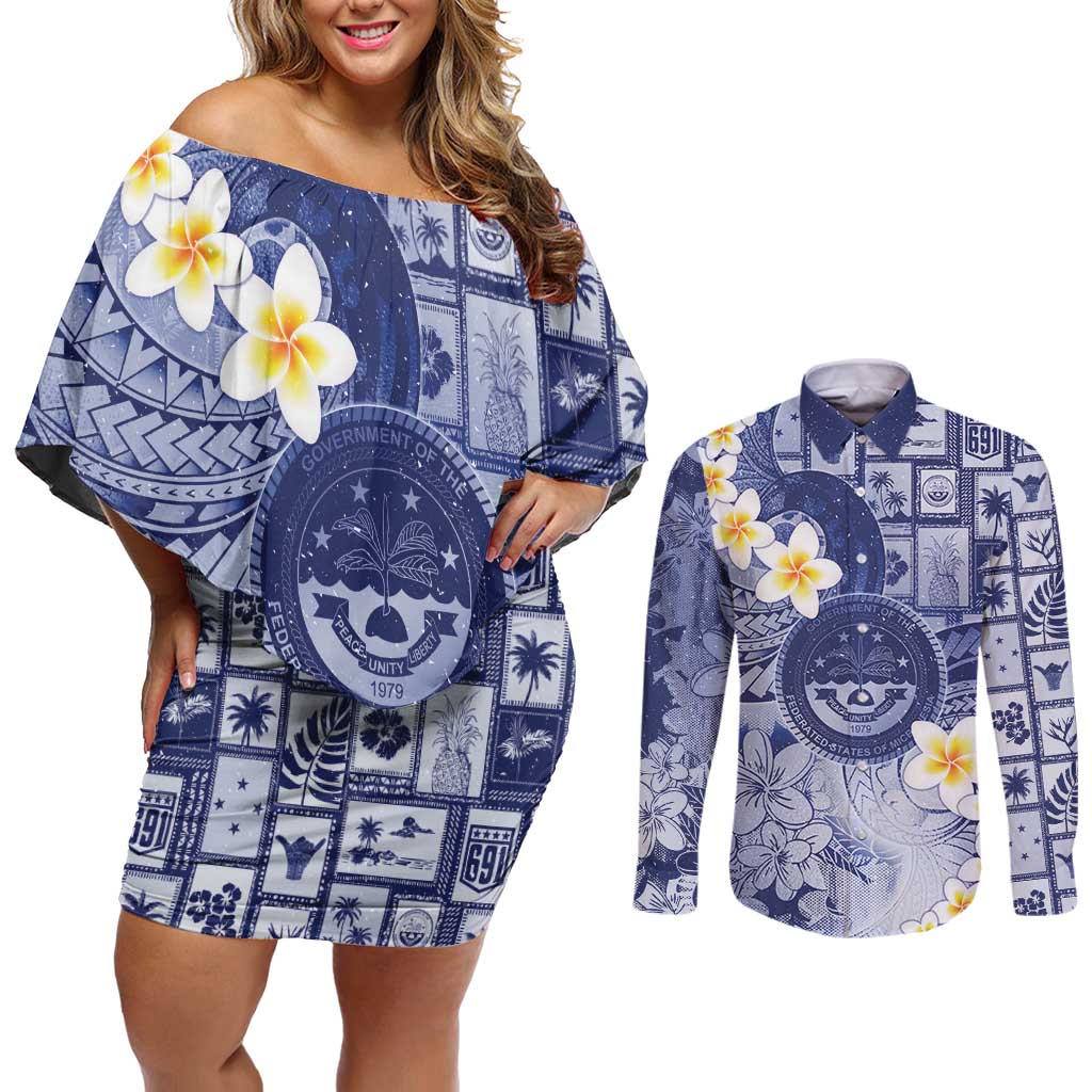 Federated States Of Micronesia Christmas Couples Matching Off Shoulder Short Dress and Long Sleeve Button Shirt Retro Style Dark Version LT05 Navy - Polynesian Pride