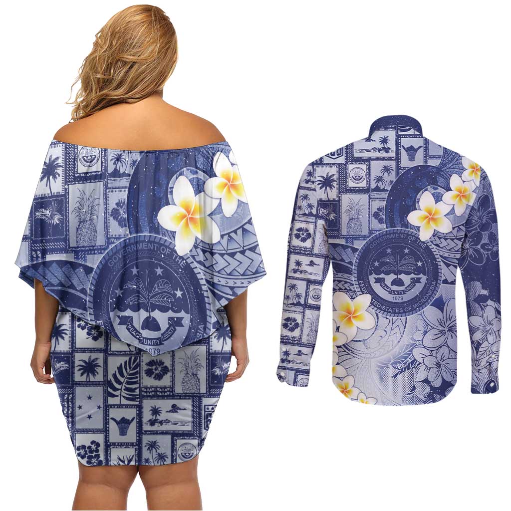 Federated States Of Micronesia Christmas Couples Matching Off Shoulder Short Dress and Long Sleeve Button Shirt Retro Style Dark Version LT05 - Polynesian Pride