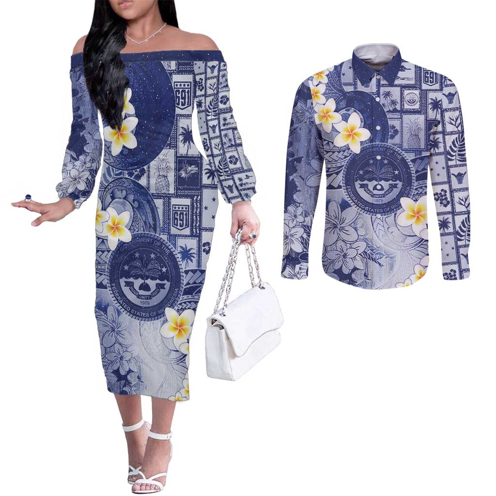Federated States Of Micronesia Christmas Couples Matching Off The Shoulder Long Sleeve Dress and Long Sleeve Button Shirt Retro Style Dark Version LT05 Navy - Polynesian Pride