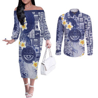 Federated States Of Micronesia Christmas Couples Matching Off The Shoulder Long Sleeve Dress and Long Sleeve Button Shirt Retro Style Dark Version LT05 Navy - Polynesian Pride