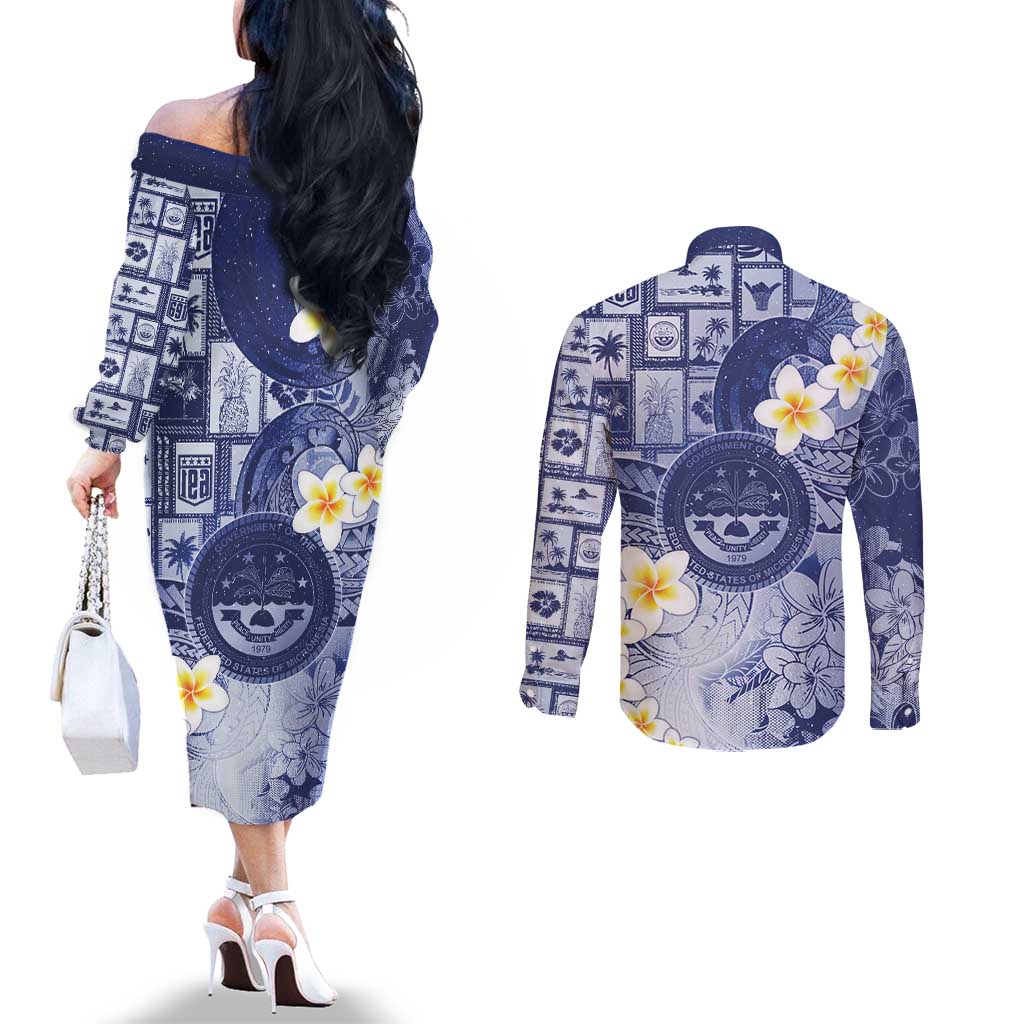 Federated States Of Micronesia Christmas Couples Matching Off The Shoulder Long Sleeve Dress and Long Sleeve Button Shirt Retro Style Dark Version LT05 - Polynesian Pride