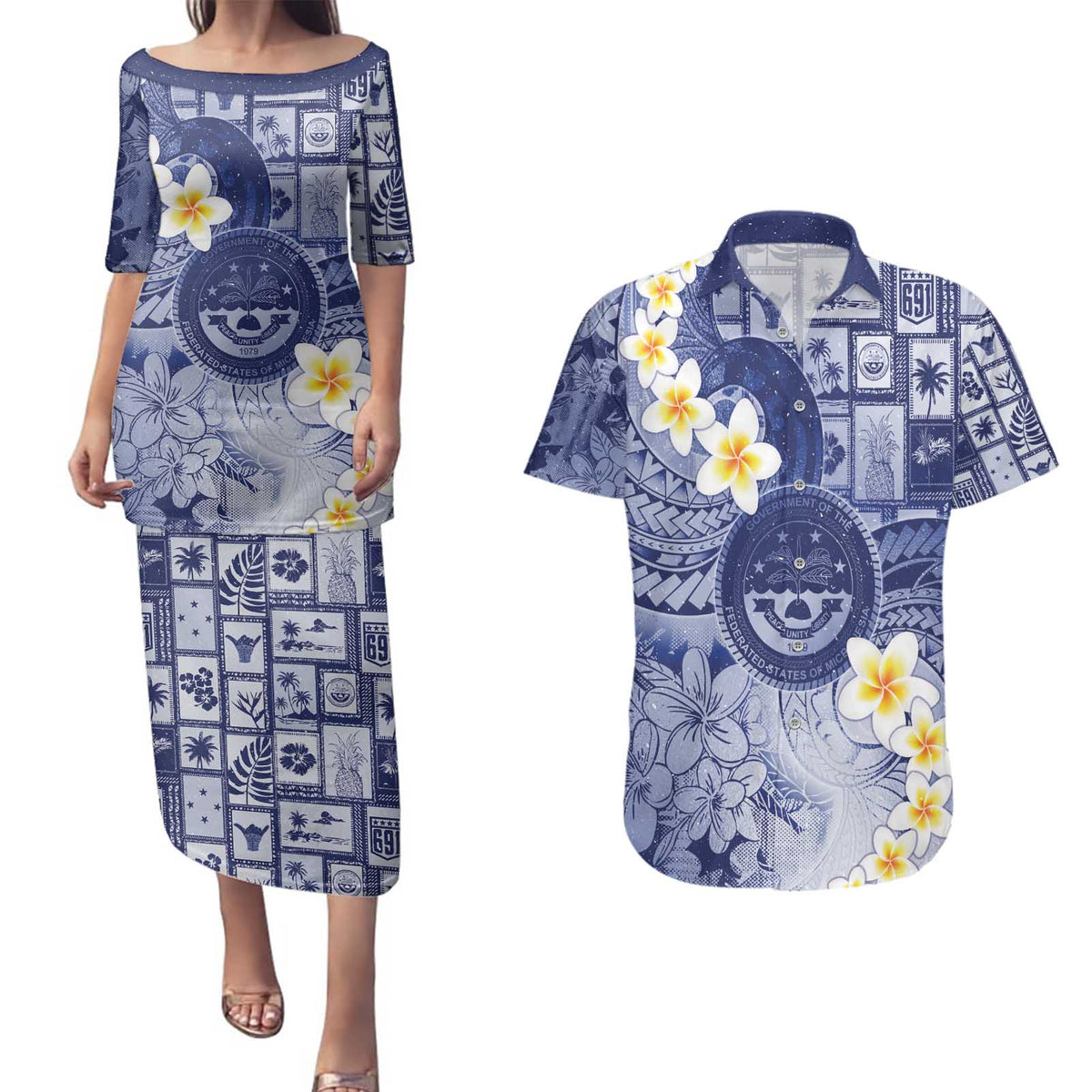 Federated States Of Micronesia Christmas Couples Matching Puletasi and Hawaiian Shirt Retro Style Dark Version - Polynesian Pride