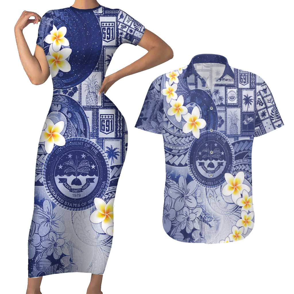 Federated States Of Micronesia Christmas Couples Matching Short Sleeve Bodycon Dress and Hawaiian Shirt Retro Style Dark Version LT05 Navy - Polynesian Pride