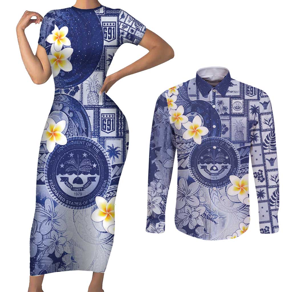 Federated States Of Micronesia Christmas Couples Matching Short Sleeve Bodycon Dress and Long Sleeve Button Shirt Retro Style Dark Version LT05 Navy - Polynesian Pride