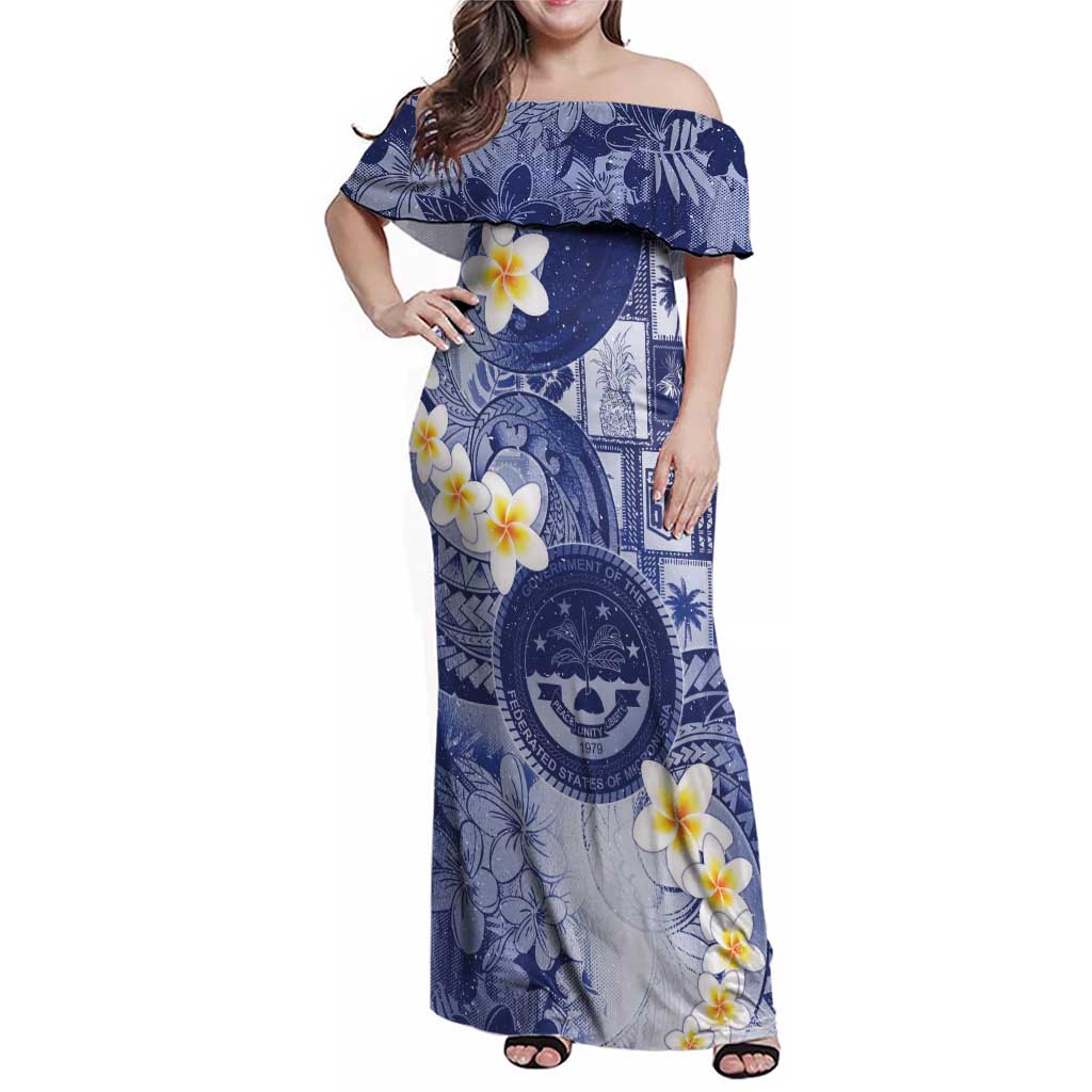 Federated States Of Micronesia Christmas Family Matching Off Shoulder Maxi Dress and Hawaiian Shirt Retro Style Dark Version LT05 Mom's Dress Navy - Polynesian Pride