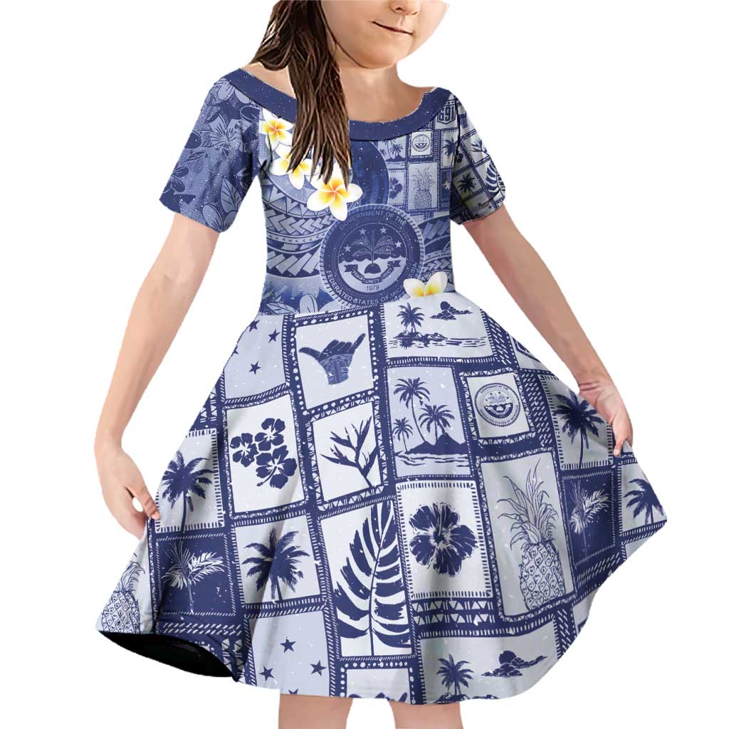 Federated States Of Micronesia Christmas Family Matching Off Shoulder Short Dress and Hawaiian Shirt Retro Style Dark Version LT05 Daughter's Dress Navy - Polynesian Pride