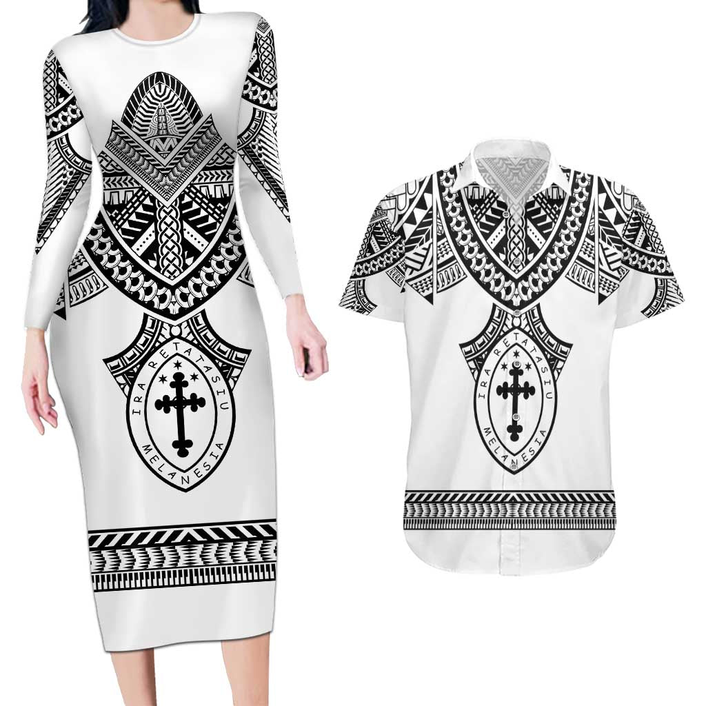 Personalised Melanesian Brotherhood Couples Matching Long Sleeve Bodycon Dress and Hawaiian Shirt With Tribal Pattern LT05 White - Polynesian Pride