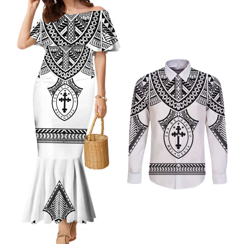 Personalised Melanesian Brotherhood Couples Matching Mermaid Dress and Long Sleeve Button Shirt With Tribal Pattern LT05 White - Polynesian Pride
