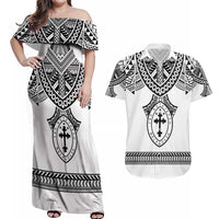 Personalised Melanesian Brotherhood Couples Matching Off Shoulder Maxi Dress and Hawaiian Shirt With Tribal Pattern LT05 White - Polynesian Pride