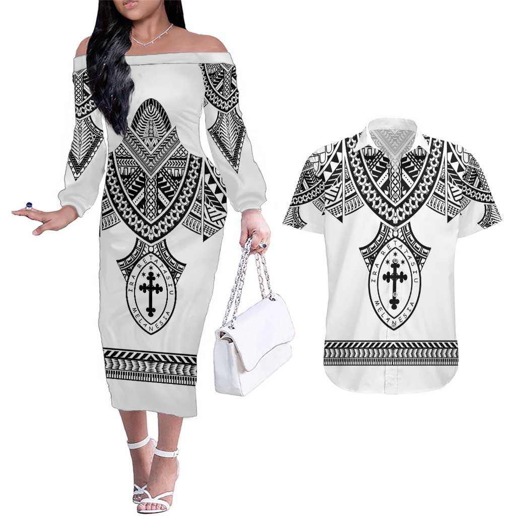 Personalised Melanesian Brotherhood Couples Matching Off The Shoulder Long Sleeve Dress and Hawaiian Shirt With Tribal Pattern LT05 White - Polynesian Pride