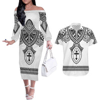 Personalised Melanesian Brotherhood Couples Matching Off The Shoulder Long Sleeve Dress and Hawaiian Shirt With Tribal Pattern LT05 White - Polynesian Pride