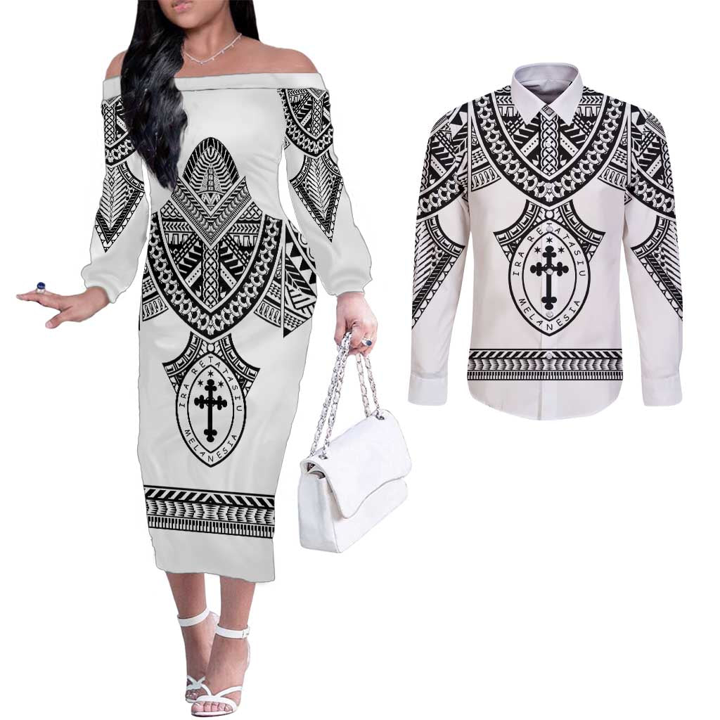 Personalised Melanesian Brotherhood Couples Matching Off The Shoulder Long Sleeve Dress and Long Sleeve Button Shirt With Tribal Pattern LT05 White - Polynesian Pride