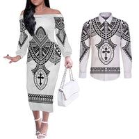 Personalised Melanesian Brotherhood Couples Matching Off The Shoulder Long Sleeve Dress and Long Sleeve Button Shirt With Tribal Pattern LT05 White - Polynesian Pride