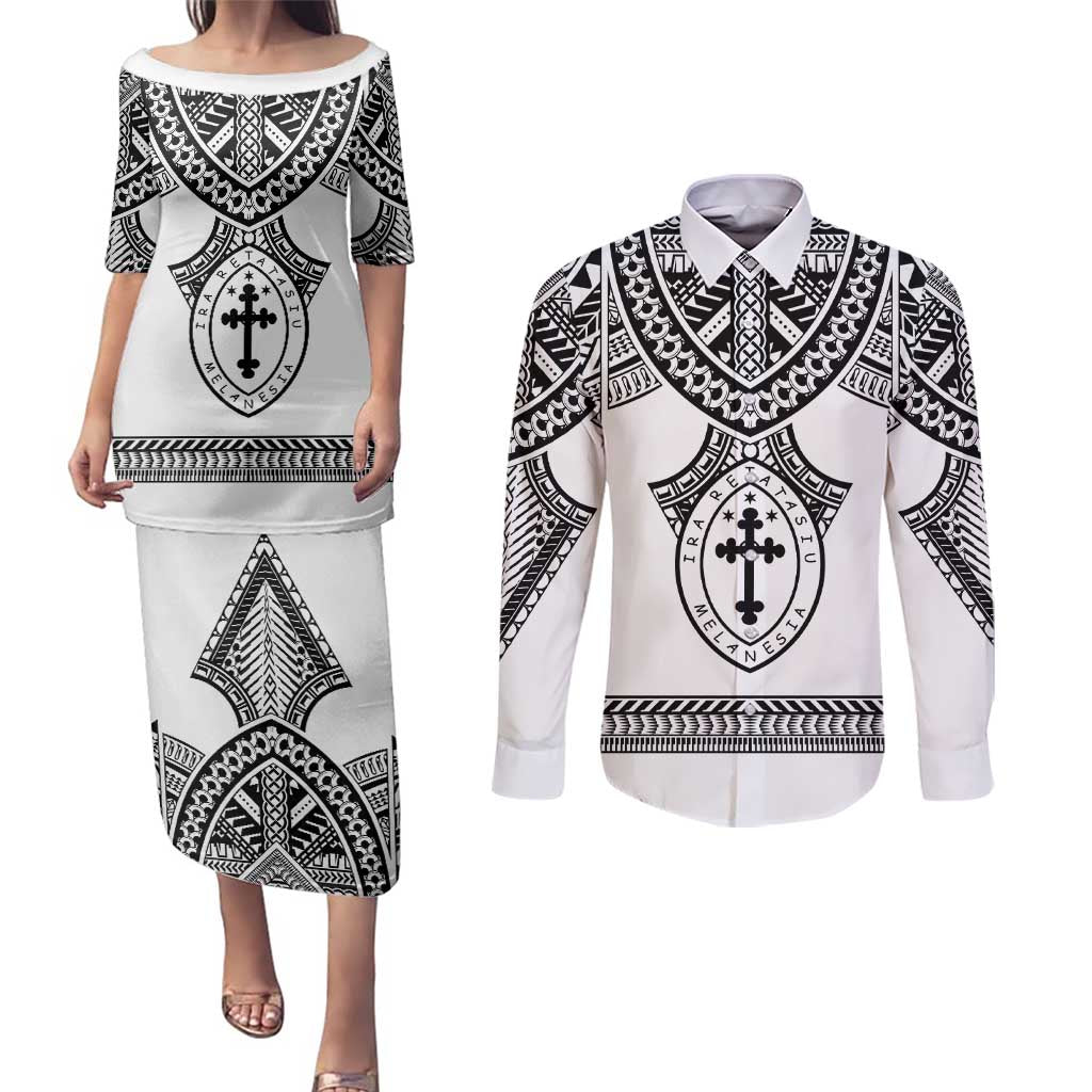 Personalised Melanesian Brotherhood Couples Matching Puletasi and Long Sleeve Button Shirt With Tribal Pattern LT05 White - Polynesian Pride
