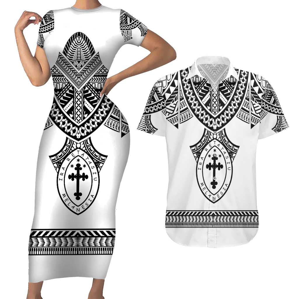 Personalised Melanesian Brotherhood Couples Matching Short Sleeve Bodycon Dress and Hawaiian Shirt With Tribal Pattern LT05 White - Polynesian Pride