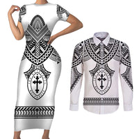 Personalised Melanesian Brotherhood Couples Matching Short Sleeve Bodycon Dress and Long Sleeve Button Shirt With Tribal Pattern LT05 White - Polynesian Pride