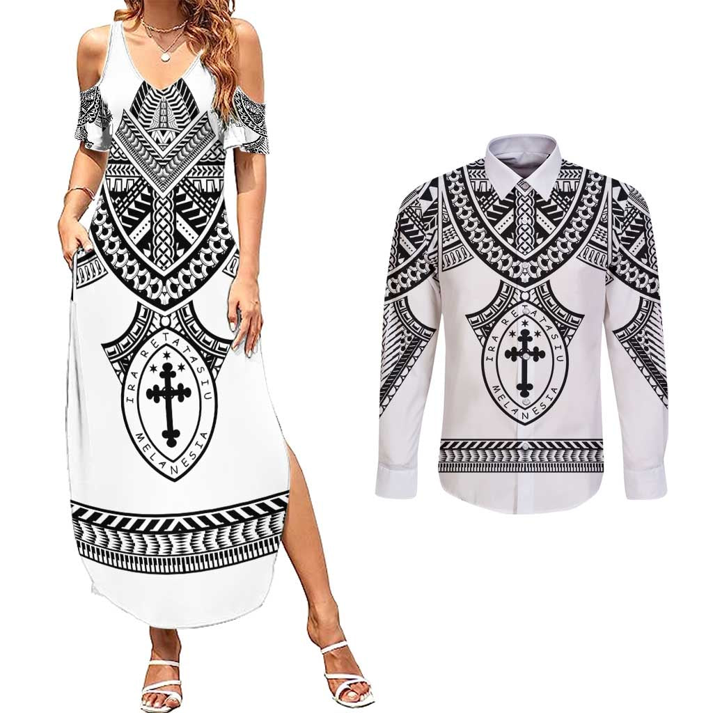 Personalised Melanesian Brotherhood Couples Matching Summer Maxi Dress and Long Sleeve Button Shirt With Tribal Pattern - Polynesian Pride