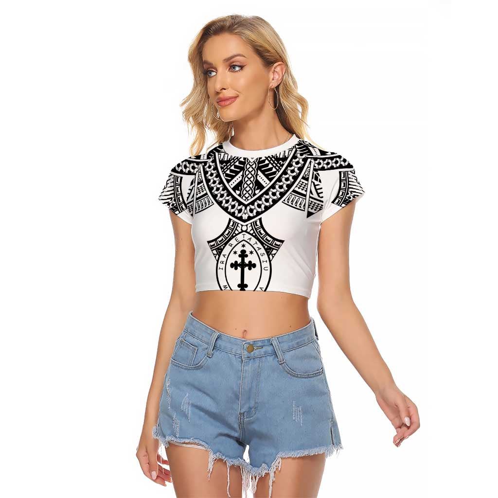 Personalised Melanesian Brotherhood Raglan Cropped T Shirt With Tribal Pattern LT05 Female White - Polynesian Pride