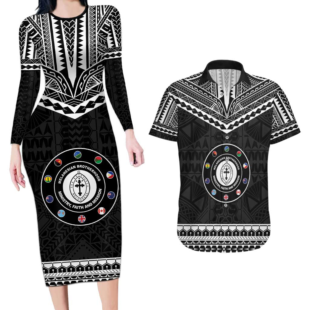 Personalised Melanesian Brotherhood Couples Matching Long Sleeve Bodycon Dress and Hawaiian Shirt Ministry Faith And Mission LT05 Black - Polynesian Pride